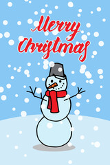 Merry Christmas card in funny cartoon style. Vector illustration with typography, smiling snowman and falling snow. Cute print cor celebration design and decor. Blue, white and red colors