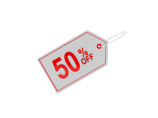 White price tag with 50 percent discount sign. 3d illustration