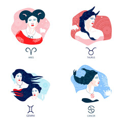 Aries, Taurus, Gemini, Cancer. Zodiac signs set. Astrological horoscope.