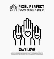 Rising hands with hearts on palms. Rating, voting, charity, satisfaction. Pixel perfect, editable stroke. Thin line icon. Vector illustration.