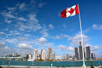 Canadian Flag and Detroit, USA
