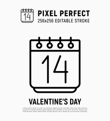 Calendar with 14 February, Valentine's day. Thin line icon. Pixel perfect, editable stroke. Vector illustration.