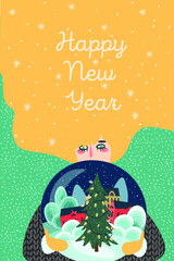 a girl holds a snow globe, inside the balloon is a city square with a christmas tree. cute greeting card, poster, banner, print happy new year