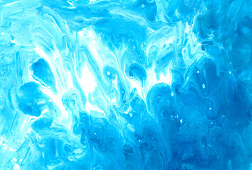 Fototapeta na wymiar Abstract fluid art background. Blue, cyan and white colors mix together. Beautiful creative print. Abstract art hand paint. Original artwork. Color splashing on paper. Cosmic texture