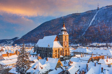 Brasov, Romania. Panoramic view of the old town and Tampa mountain in winter.