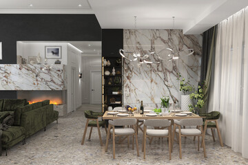 Contemporary style living room arranging and apartment?s layout, 3D illustration