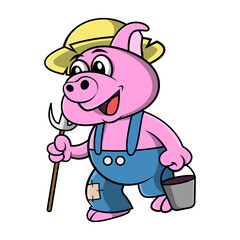 Funny Little Pig Cartoon Character as a Farmer wearing straw hat and carrying hoe and bucket get ready to work with happy face, best for sticker or decoration with agriculture themes for children