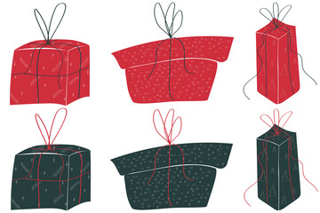 The gift box set sketch vector illustrations, bright red and green boxes with bow, present christmasy and new year box design