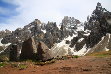 Berggruppe Pale di San Martino mit Berg Cimon della Pala, Passo Rolle, Dolomiten, Trentino,...