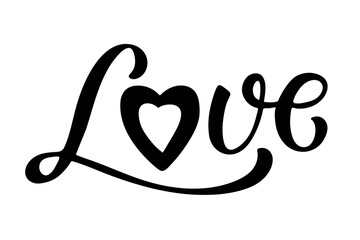 Love text with heart design. Hand written lettering on white. Valentines Day, Wedding element for poster, banner, card, badges, t-shirt, prints. Lover sign
