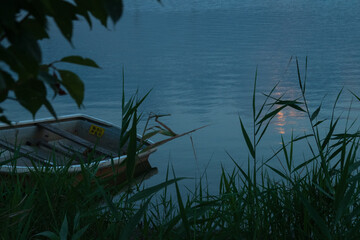 草むらにボートがある夕暮れ風景