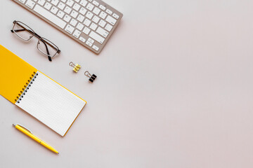 Empty place on office table desk, overhead view