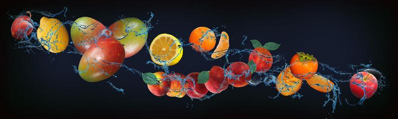 Panorama with fruits in water - juicy plum, lemon, mango, tangerine, peach, persimmon, apple, a source of vitamins and minerals for the human body