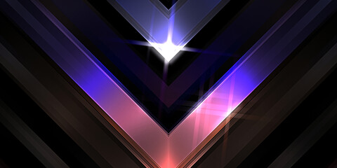 Abstract shining geometric lights background. Fractal symmetric graphic illustration. Intersecting glowing and shimmering bars.