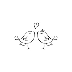 Hand-drawn two lovebirds. Illustration of the logo. Valentine's Day Doodle illustration. Vector design element for greeting and wedding cards, invitations. Black outline, isolated