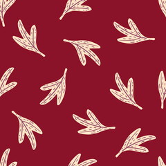 Minimalistic seamless doodle pattern with white leaves shapes. Minimalistic style. Red background.