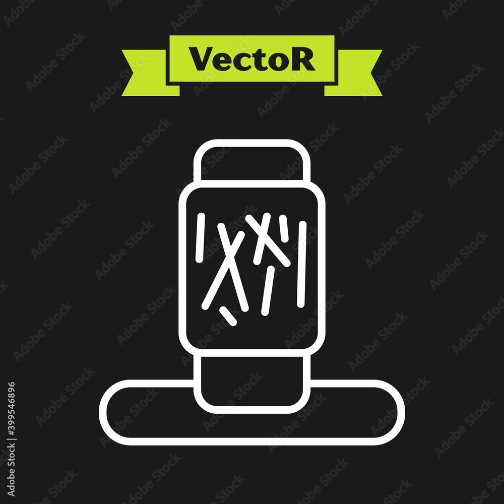 Poster white line cat scratching post with toy icon isolated on black background. vector.