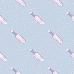 Minimalistic pastel seamless pattern with potion bottle white silhouettes. Blue background.