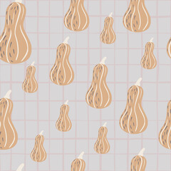 Random seamless pattern with pale orange pumpkin shapes. Blue chequered background.
