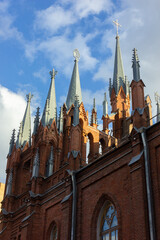 Russia, Moscow - 15.10.2020: Gothic Roman Catholic Cathedral of the Immaculate Conception of the Blessed Virgin Mary.