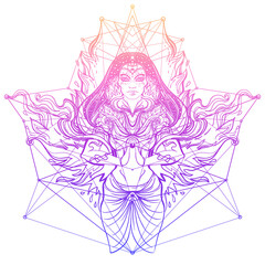 Asian magic woman with sacred geometry and fire. Vector Illustration. Mysterious thai girl over mystic symbols and flames. Alchemy, religion, spirituality, occultism, tattoo art, Asian culture.