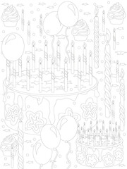 Coloring Page on the theme of the holiday - cakes, cakes, candles and balloons