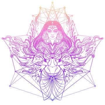 Asian magic woman with sacred geometry and fire. Vector Illustration. Mysterious thai girl over mystic symbols and flames. Alchemy, religion, spirituality, occultism, tattoo art, Asian culture.