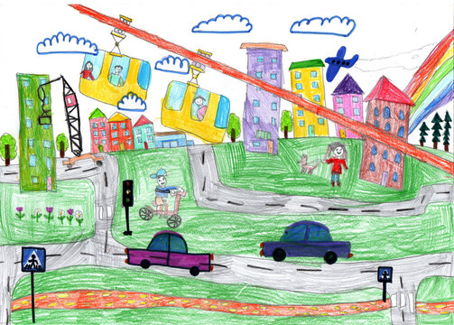 Drawing of the buildings and cars. Happy family on a walk. Pencil art in childish style