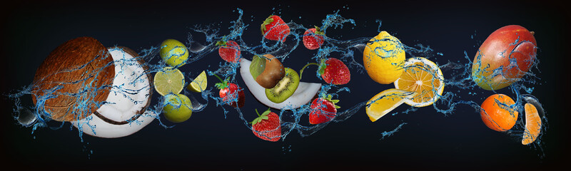 Panorama with fruits in water - juicy coconut, lime, strawberry, lemon, tangerine, mango - sweet...