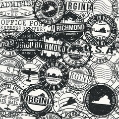 Richmond, VA, USA Set of Stamps. Travel Passport Stamps Pattern. Made In Product. Design Seals in Old Style Insignia Seamless. Icon Clip Art Vector Collection.