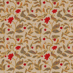 Seamless pattern with fantasy flowers, natural wallpaper, floral decoration curl illustration. Paisley print hand drawn elements. Home decor.