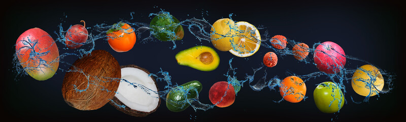 Panorama with fruits in water - juicy mango, plum, coconut, persimmon, avocado, lemon, lychee,...
