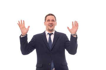 Young energizing man raised his hands up admiring what, isolated