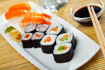 Various of sushi traditionally served with pickled ginger, wasabi and soy sauce. 