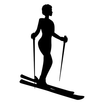 Skier, woman silhouette, side view - isolated, black on white background - vector. Winter sport.