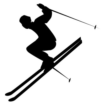 Skier jumping from a height, side view - isolated, black on white background - vector. Winter sport.