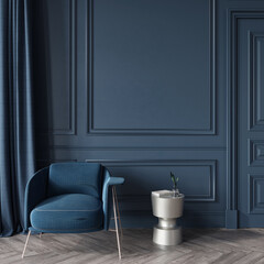 Interior in dark blue with an upholstered armchair and a meta…