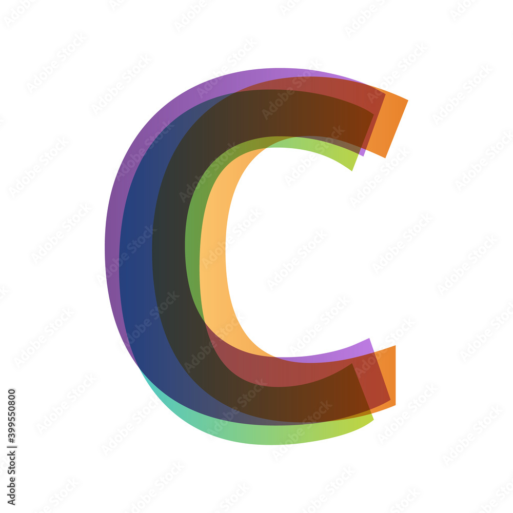 Poster letter c in overlay color transparency style isolated on white background. alphabet folded from diff