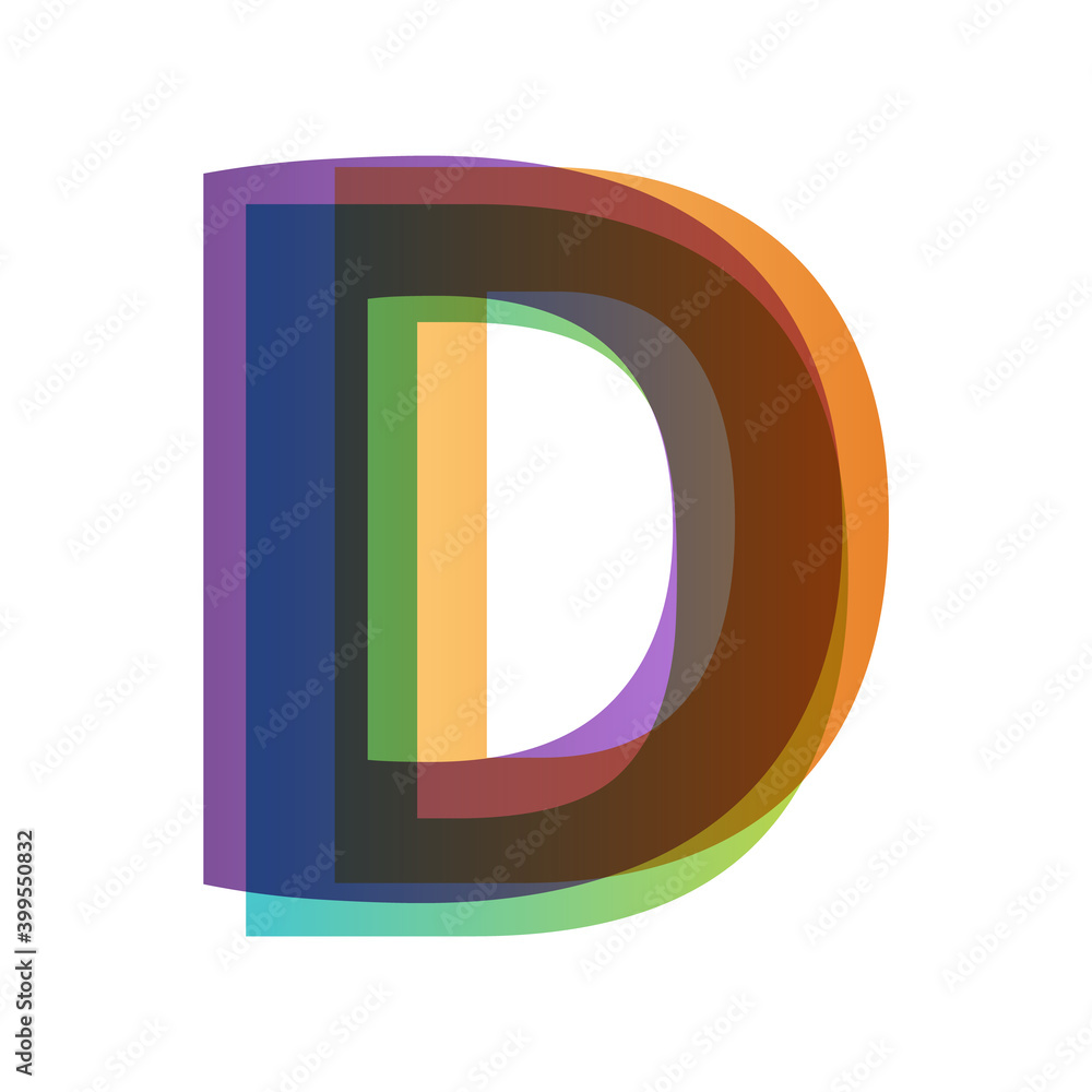 Poster letter d in overlay color transparency style isolated on white background. alphabet folded from diff