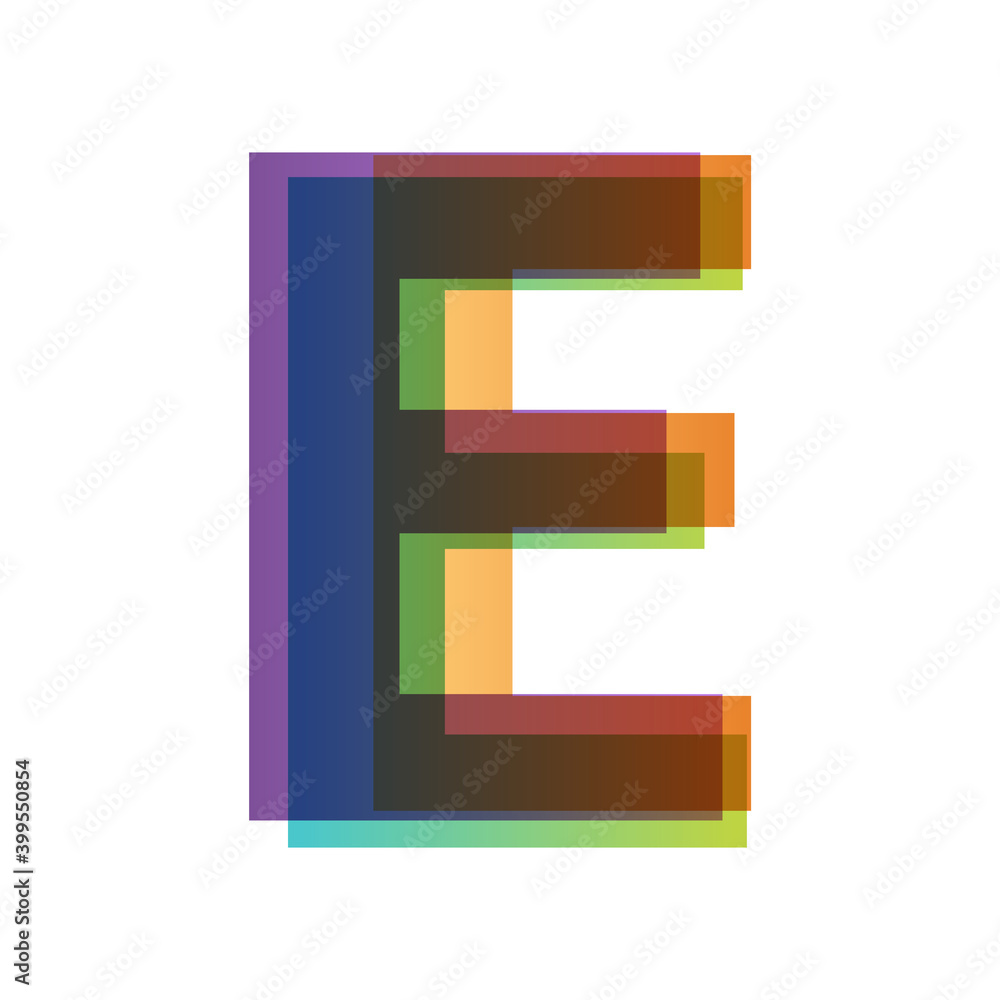 Poster letter e in overlay color transparency style isolated on white background. alphabet folded from diff