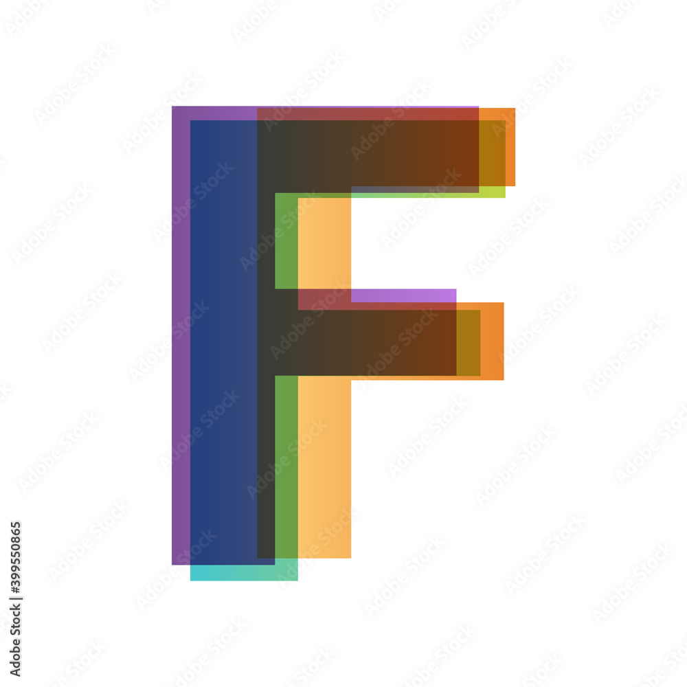 Aufkleber letter f in overlay color transparency style isolated on white background. alphabet folded from diff