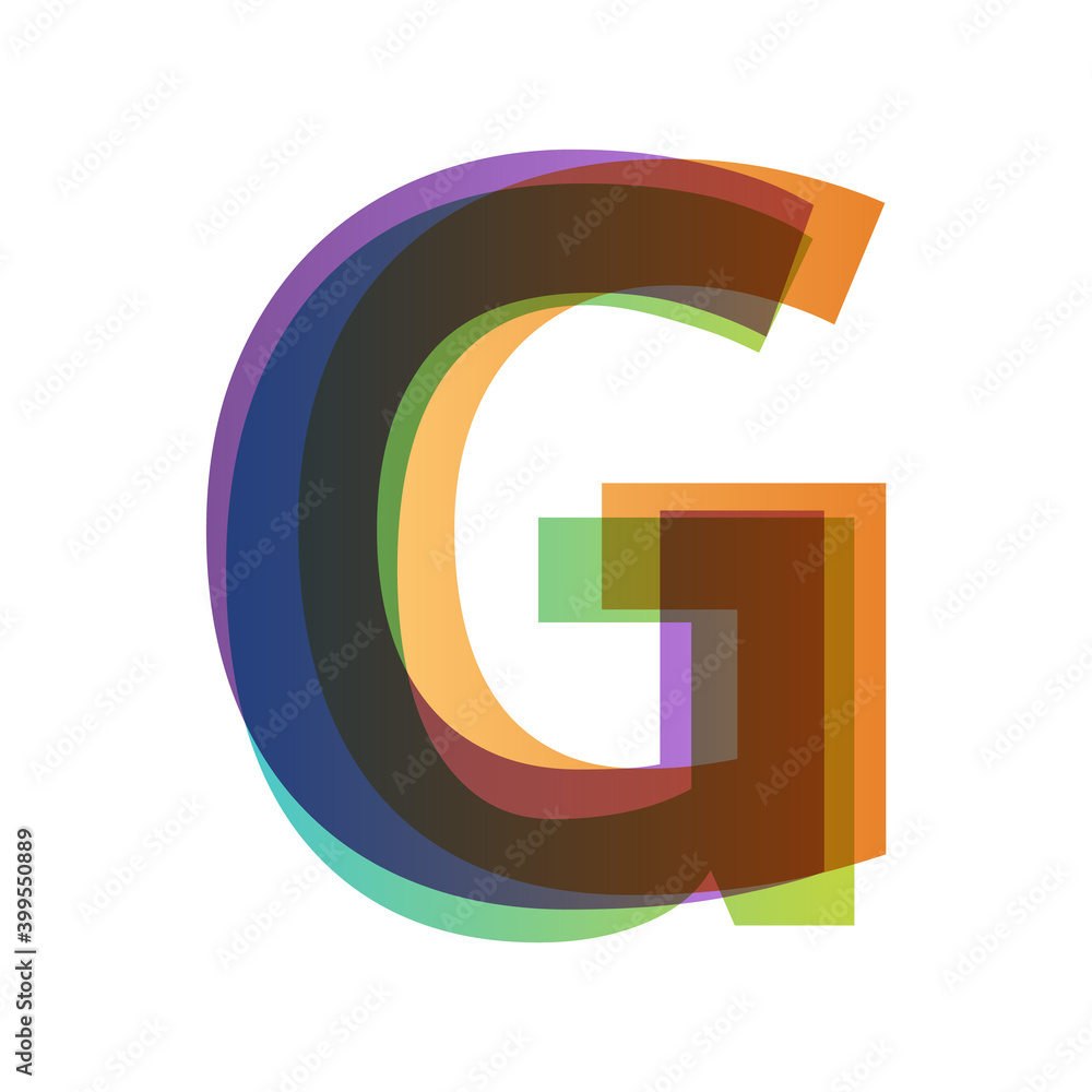 Poster letter g in overlay color transparency style isolated on white background. alphabet folded from diff