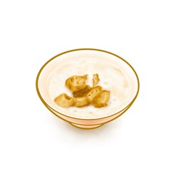 The digital painting of Taiwanese traditional salty soy milk with deep-fried doughstick topping healthy food isometric icon raster illustration on white background.