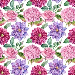 Schilderijen op glas Floral seamless pattern, flowers hydrangea, clematis, dahlias, buds and leaves watercolor painting © Hanna