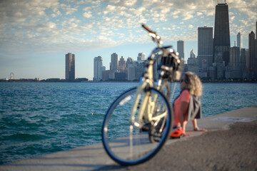 Women sitting on the pier in Chicago