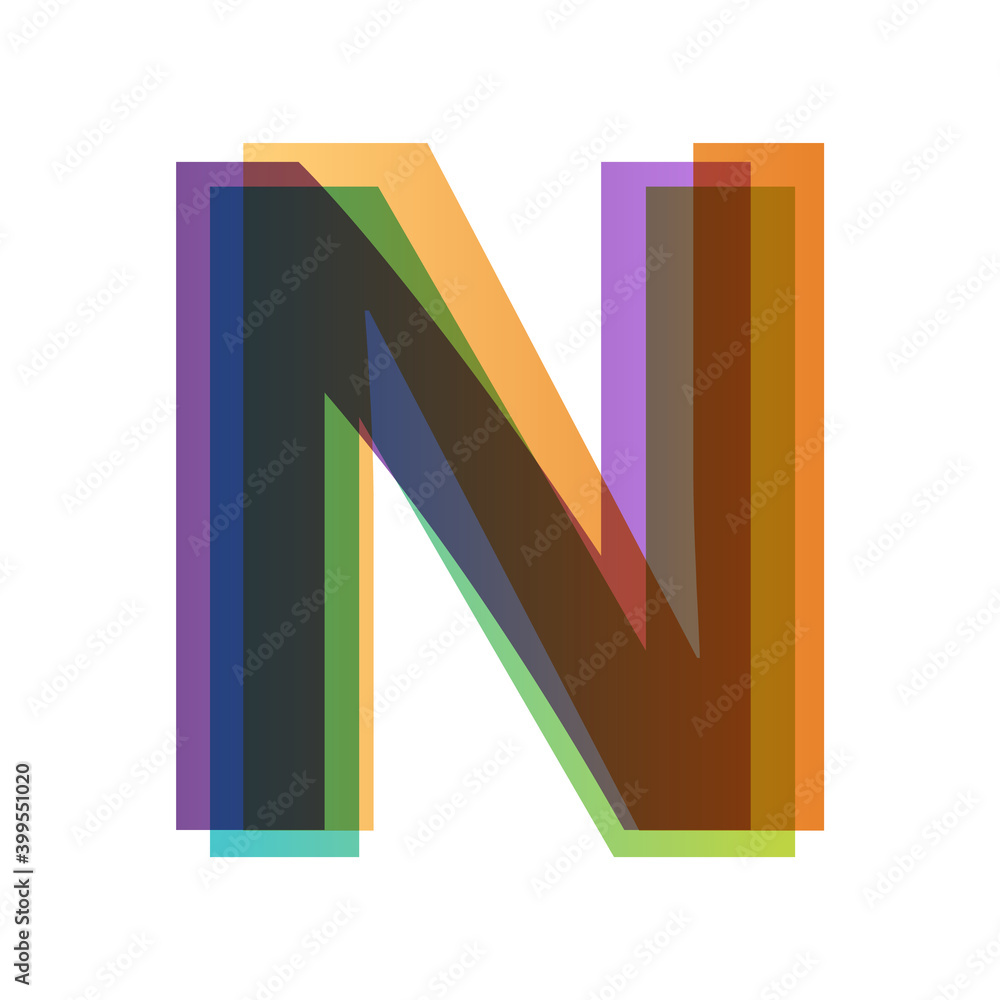 Aufkleber letter n in overlay color transparency style isolated on white background. alphabet folded from diff