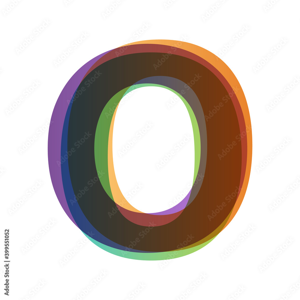 Poster letter o in overlay color transparency style isolated on white background. alphabet folded from diff