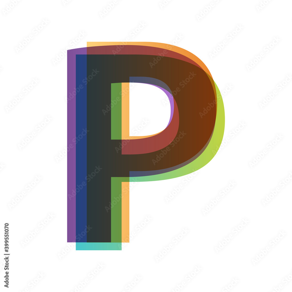 Aufkleber letter p in overlay color transparency style isolated on white background. alphabet folded from diff