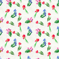 Seamless pattern with flowers. Watercolor or acrylic painting. Hand drawn floral background.