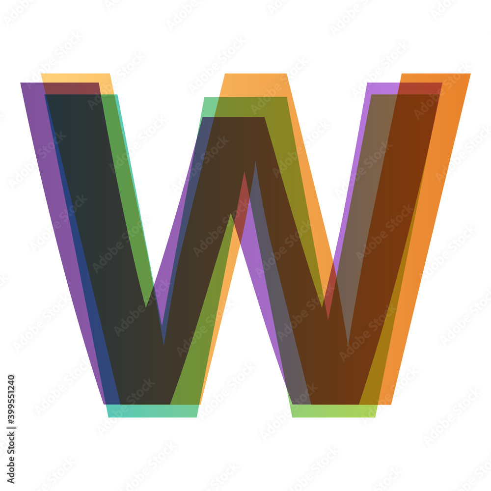 Poster letter w in overlay color transparency style isolated on white background. alphabet folded from diff